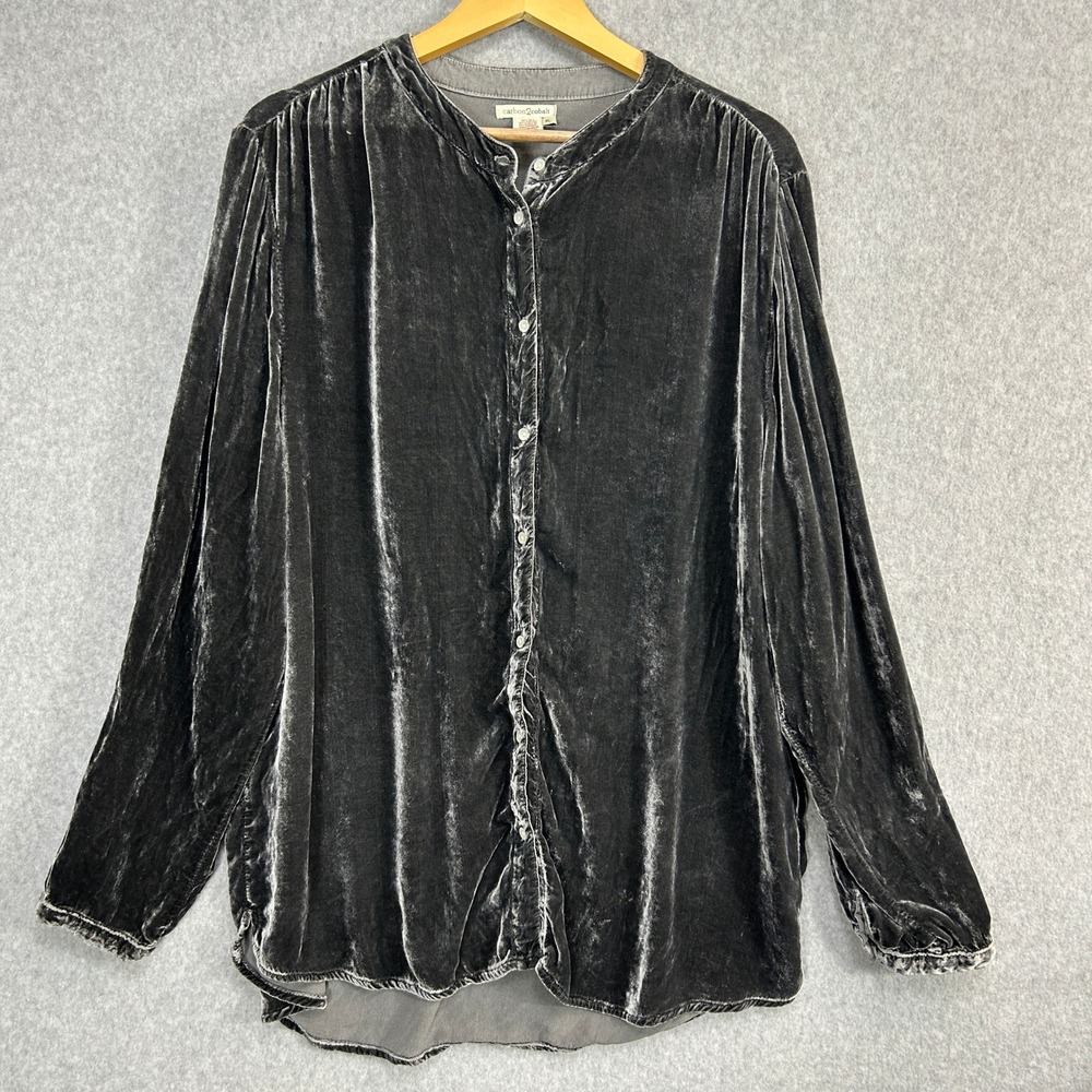 Carbon2Cobalt Womens XL Velvet Button Front Blouse Top Silver Gray Silk Blend